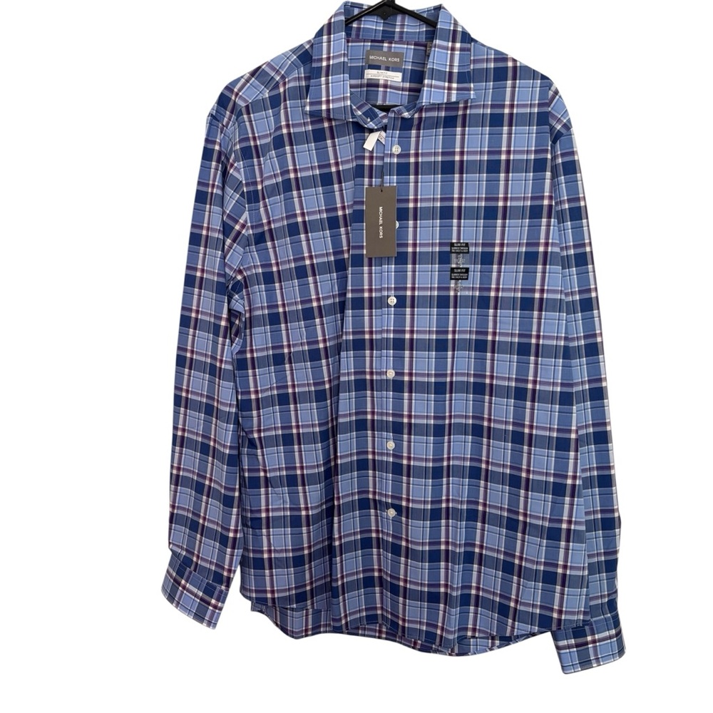 Michael Kors Blue and White Plaid Button Down Shirt